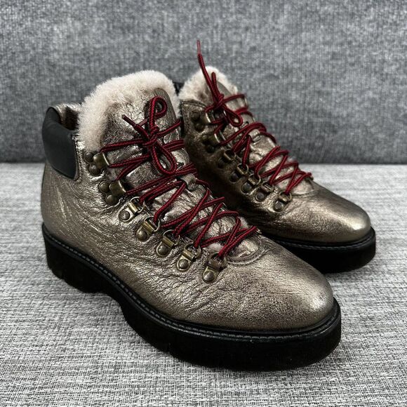 Boemos Metallic Leather Shearling Lining Hiking Boots Womesn Sz 38‎ US 7.5 Italy - Picture 1 of 16